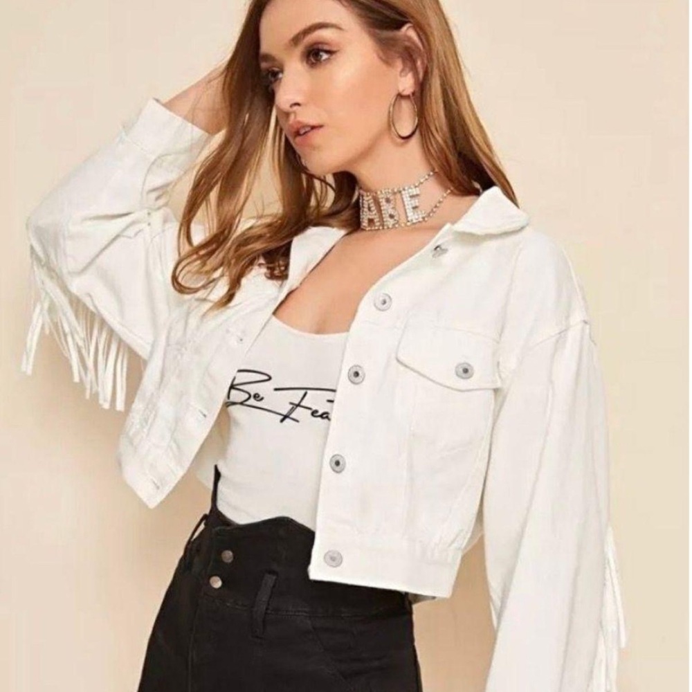 White Cropped Fringe Jacket